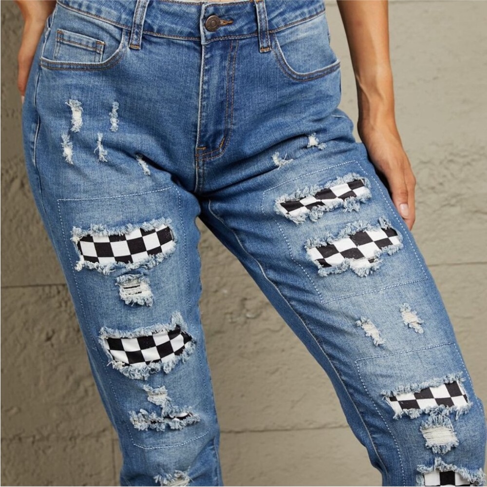 Checkered Patch Distressed Light Blue Jeans - image 2